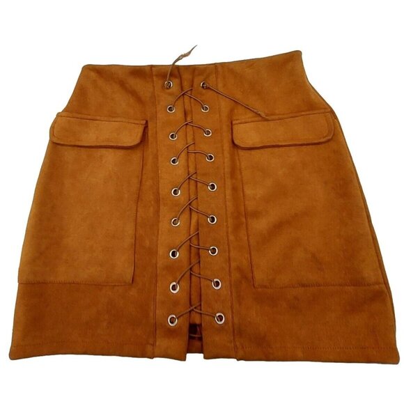 Vestidos Women's Faux Suede Mini Skirt Lace Up Size Large Brown Zipper - Picture 1 of 8